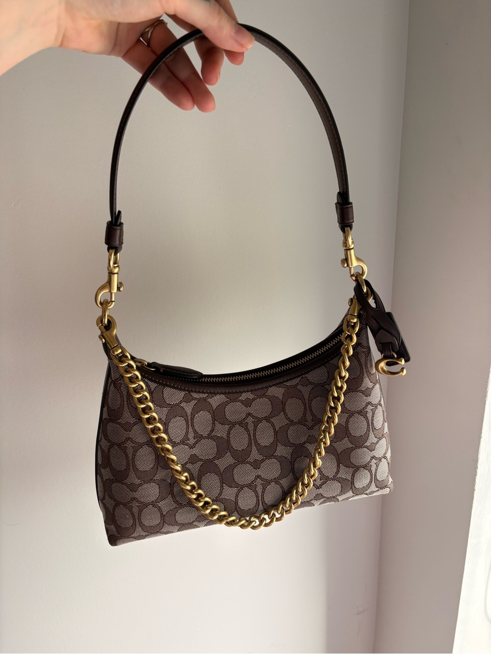 Coach Brown Signature Shoulder Bag with Gold Chain